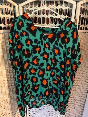 CAbi Green Floral Blouse with Orange and Black Print